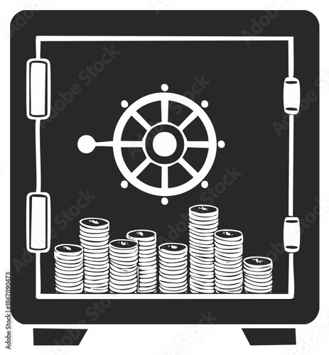 Safe box protecting stacks of coins symbol for financial security and wealth accumulation