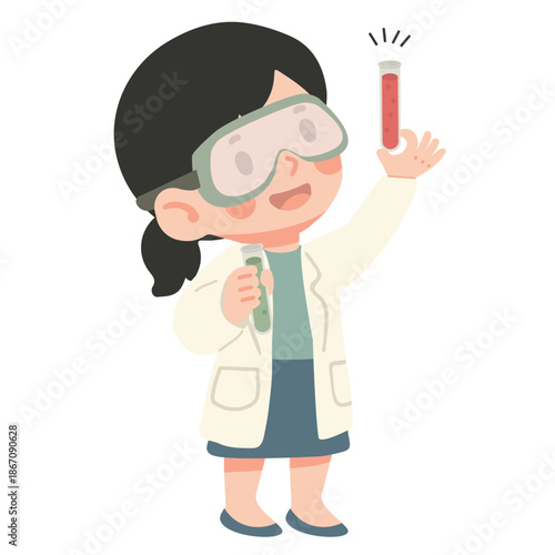 Girl Scientist Character Doing Experiment with Test Tubes
