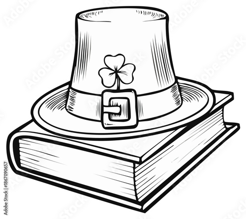 Leprechaun Hat with Shamrock and Buckle resting on a Book, Black and White Illustration