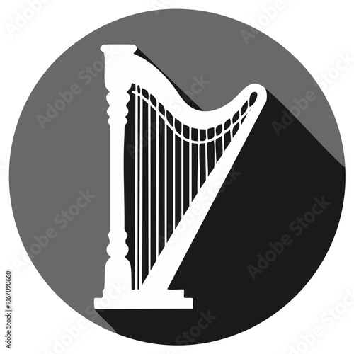 Elegant white harp illustration on two tone gray roundel with a long shadow