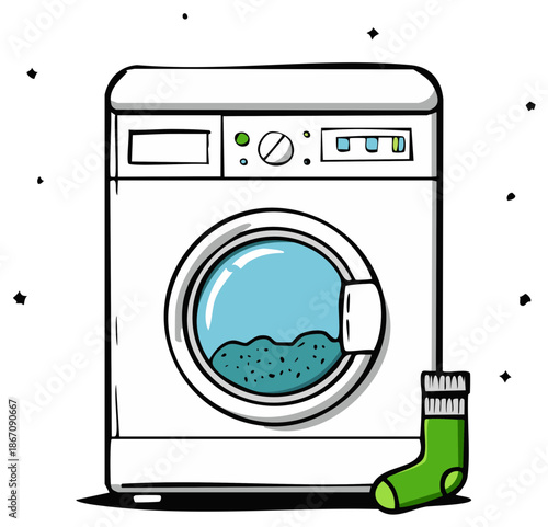 Whimsical drawing of a front-loading washing machine with a green sock by its side.