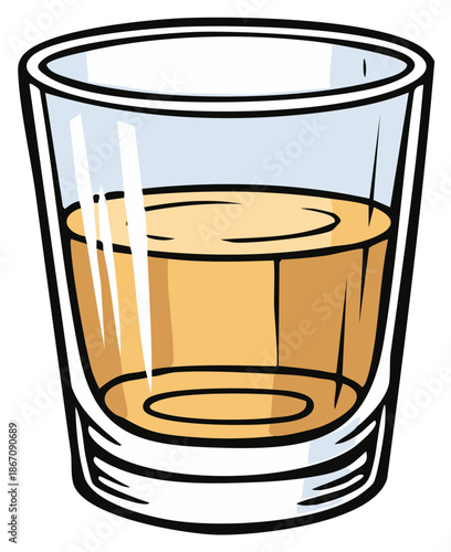 Illustration of a single shot glass filled with amber colored liquid