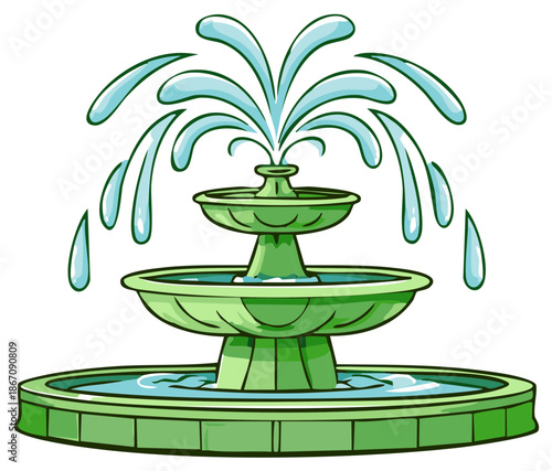 Cartoon Three-Tiered Fountain with Flowing Water, Green Stone Structure and Blue Water Elements in Artistic Style