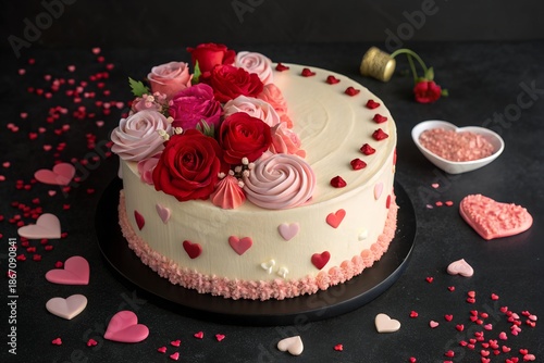 Romantic Rose and Heart Decorated Cake for Valentine's Day