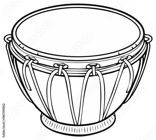 A traditional African djembe hand drum with rope tuning shown in a black and white line art illustration