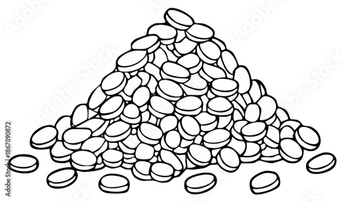 Huge pile of oval medication pills in black and white line art illustration