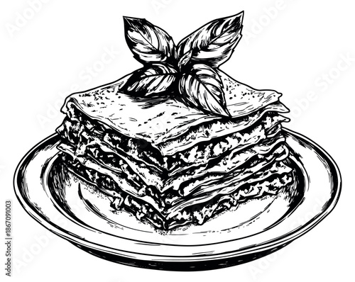 Hand drawn line art illustration of lasagna depicting a serving on a plate garnished with basil for a restaurant menu