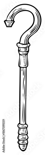 Hand drawn cartoon illustration of a walking cane shaped like a question mark