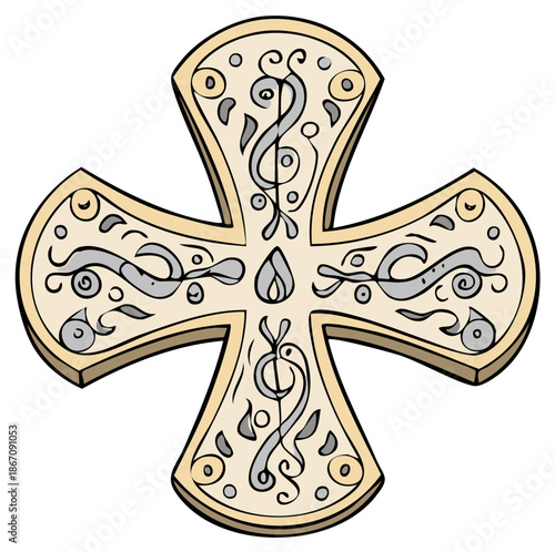 Illustrated ornate cross with music notes and treble clef designs for faith and worship