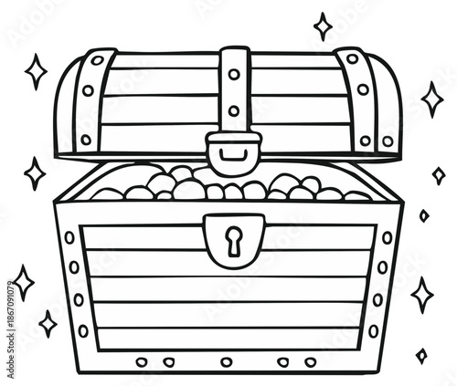 Cartoon pirate treasure chest open and full of sparkling gold coins coloring book doodle