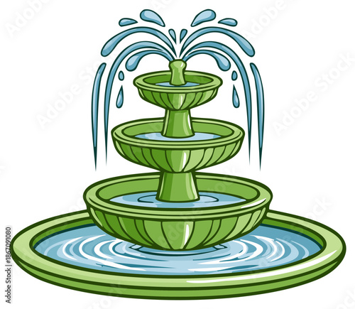 Multi tiered garden fountain with flowing water sprays and cascades