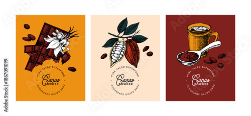Hand drawn sketch cocoa chocolate product banner set. Vintage vector illustration of natural healthy food. Packaging design of cacao powder