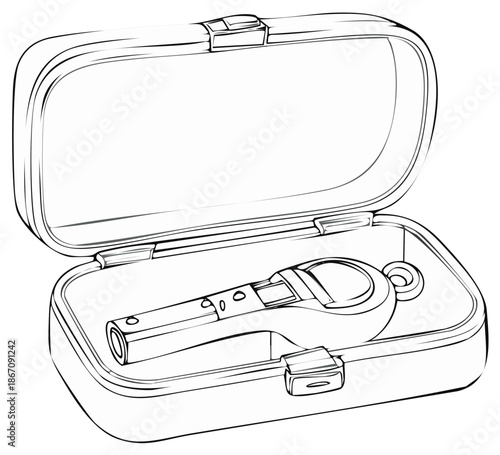 Digital referee whistle in an open storage case, black and white line art illustration