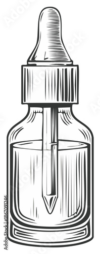 Engraved illustration of a dropper bottle with a glass dropper, showcasing cosmetic or medicinal fluid, isolated illustration