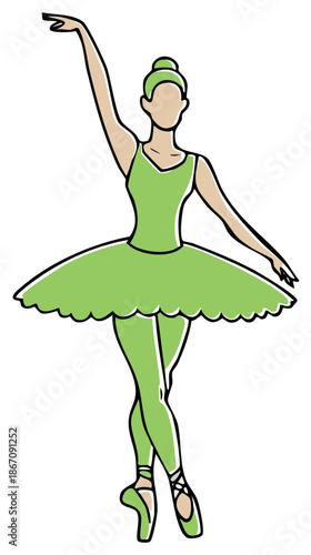 Green Ballet Dancer in Pointe Shoe Silhouette, Dance Pose, Artistic Illustration, Modern Flat Vector Design