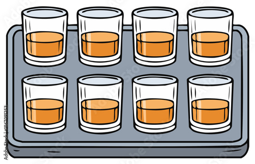 Eight cartoon shot glasses filled with amber liquid on a serving tray ready for a party