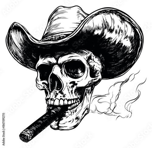 Hand drawn line art illustration of a skull wearing a cowboy hat depicting smoking a cigar for rebellious design