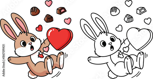 Playful Cartoon Bunny with Heart and Chocolates Adorable Rabbit for Valentines Day and Sweet Treats