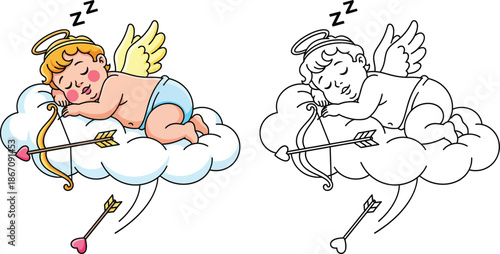 Sleeping Cupid on a Cloud with Bow and Arrow Adorable Valentines Day Symbol of Love and Dreams
