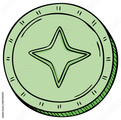 Hand drawn illustration of a green fantasy coin or game token with a four point star.
