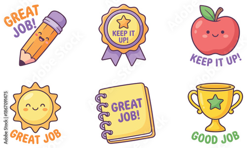 Cute school reward stickers with great job messages smiling icons colorful cartoon illustration for kids teachers education motivation