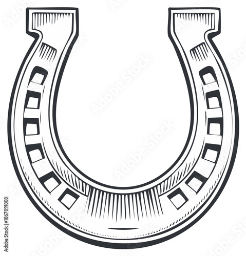 Classic Horseshoe Emblem Stylized Vintage Illustration Black and White Line Art