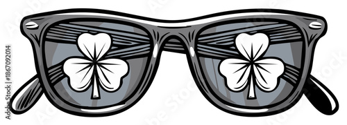 Sunglasses with four leaf clovers, St Patricks Day themed illustration.