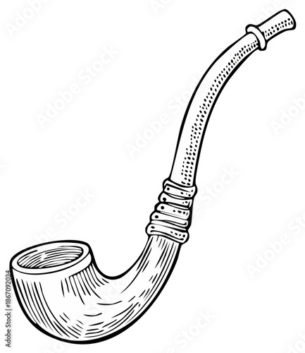 Detailed black and white illustration of a tobacco pipe with intricate engraved details