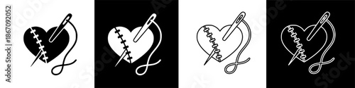 Heart sewn with thread and needle in various illustrations