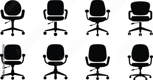 Eight varied black office chairs with swivel bases presented on a clear white plane