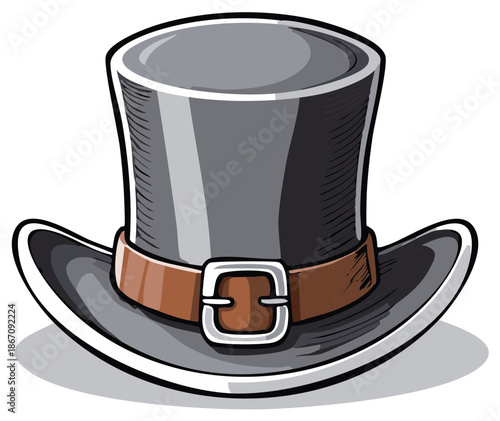 Elegant Grey Top Hat with Brown Buckled Band Classic Fashion Accessory Illustration