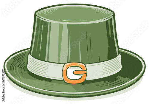 Illustrated green hat with buckle celebrates Saint Patrick's day traditions and represents Irish culture