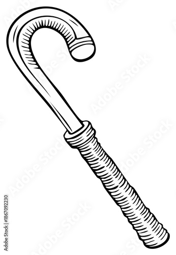 Illustration of a walking cane with a curved handle and textured grip, isolated.