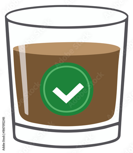 Brown liquid in glass with green check mark icon for approval or verification