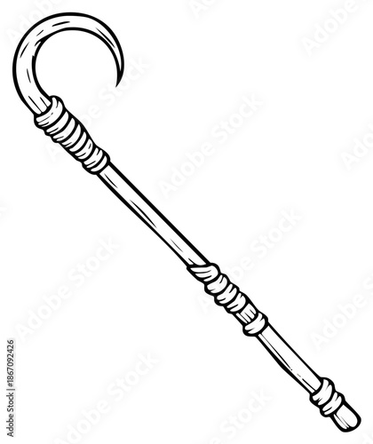 Hand drawn illustration of a fantasy magical staff or ancient shepherd crook