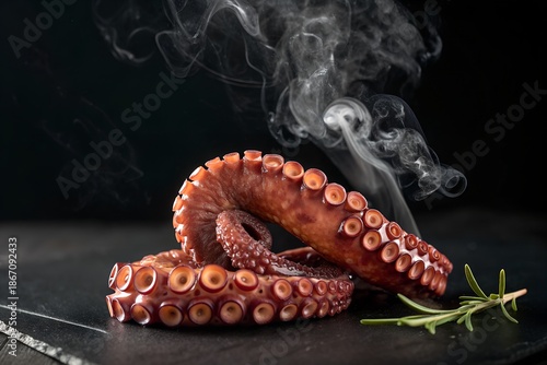 Steaming Cooked Octopus Tentacles on a Dark Plate with Rosemary