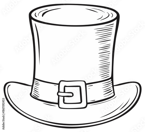 Hand-drawn top hat with belt and buckle in black and white line art style