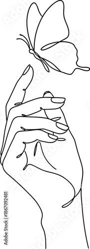 Delicate line art of a hand gently touching a butterfly. vector illustration , hand drawn, clip art Minimalist design