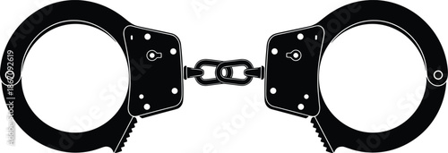 Black and white silhouette of handcuffs icon isolated on white background, justice and law enforcement symbol, crime and punishment vector illustration,Black