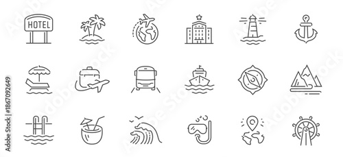 Travel set of outline icons. Journey concept. Vacation symbols or signs