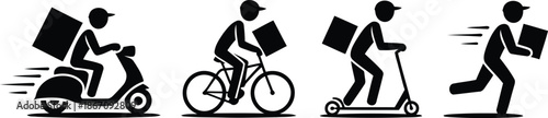 Essential icons showcasing modern delivery services with couriers on motor scooter, bike, kick scooter, and running