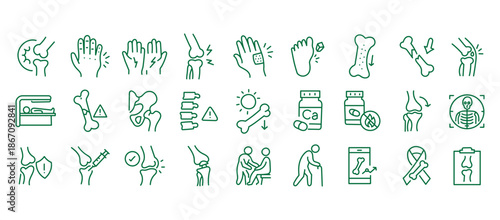 Medical line icon set. Vector pictograms of arthritis, osteoporosis, pain, injury, inflammation, injection, diagnosis, prevention, healthcare, calcium supplement, skeleton, thin linear illustration.