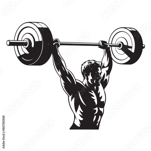 Strong man weightlifter raising barbell silhouette power training sports vector