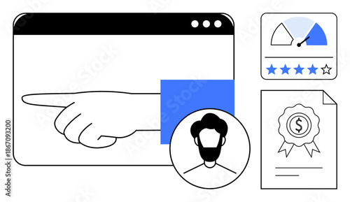 User profile concept. A profile icon, a rating system, and a certificate outline the user profiles functionality. User profile visualization for evaluation, credibility, and online platforms. Usage