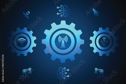 Digital Automation and Artificial Intelligence Network Background. Future Technology System with Connected Gears and Sensors