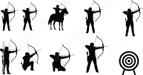 Black archery player silhouette vector set, medieval archer aiming bow and arrow, target practice icons, sport competition symbols isolated on white background