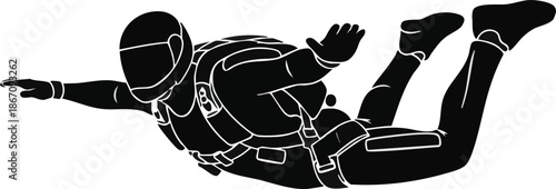 Black silhouette of a skydiver in freefall, arms and legs spread, against a white background, depicting extreme sports and adventure.