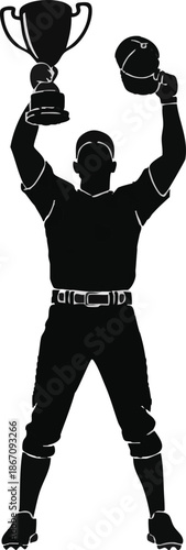 Silhouette of a triumphant baseball player celebrating victory with a championship trophy and cap raised high above their head.