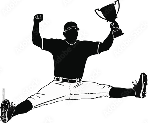 A silhouette of a triumphant baseball player jumping in a split, holding a trophy, celebrating victory.
