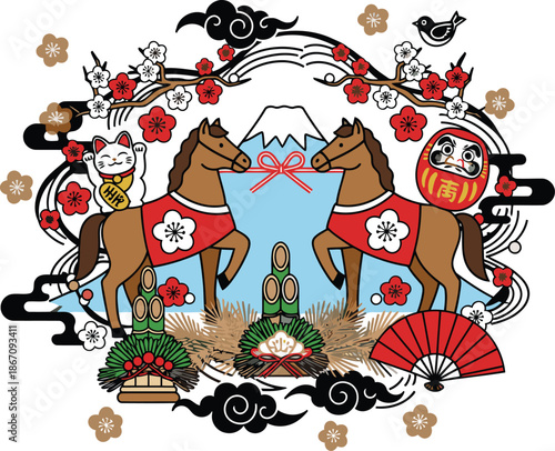 Traditional Japanese New Year celebration featuring two majestic horses symbolizing good fortune and prosperity